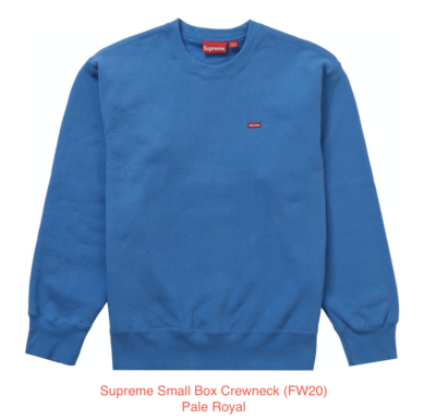 Supreme Small Box Crewneck (FW20) Pale Royal Size Large BRAND NEW 