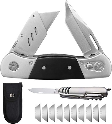 Folding Utility Knife with Sheath and 10 Razor Blades, Heavy Duty Box Cutter 