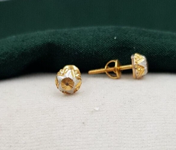 22K Gold Earrings Stud Rhodium Look Unisex Real Yellow Gold Screw Back Earrings - Image 2 of 4