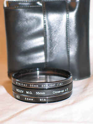 3 filters, 55mm SKYLIGHT (1A), CLOSE UP +2, 81A FILTERS W/CASE