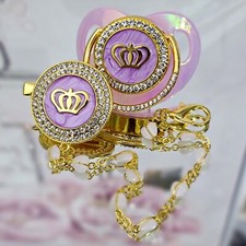Baby pacifier, dummy clip Pink Purple crown soother princess crown crystals