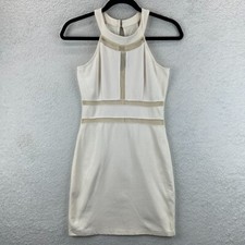 Lac Bleu Women's Cream Sleeveless High Neck Keyhole Back Bodycon Mini Dress Sz M