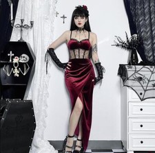 Womens 2023 Gothic Spaghetti Straps Velvet Mesh Hip Package Slit Long Dress 