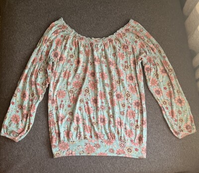 American Rag Cie Vintage M 2000s Women s Boho Floral Teal Top Medium Long Sleeve