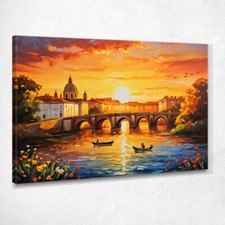 Quadro Moderno Città Astratto Incantevole Tramonto Cittadino Su Fiume Con Barca