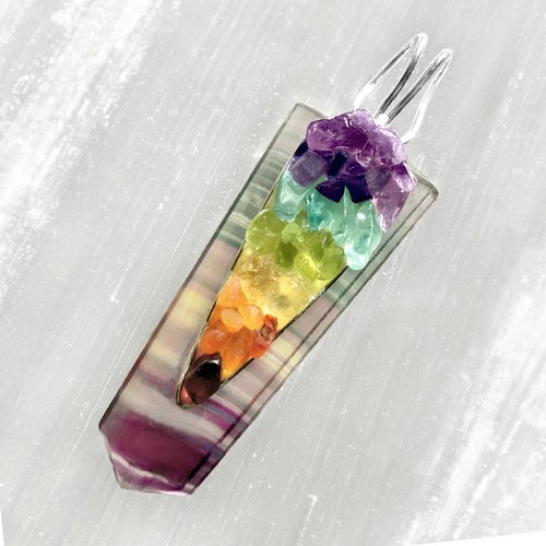 Rainbow Fluorite 7 Chakra Gemstone Pendant Crystal Healing Necklace Reiki Energy - Picture 3 of 8