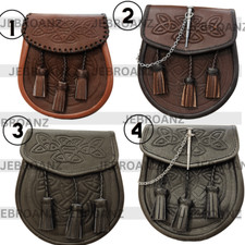 Scottish Leather Kilt Sporran Embossed/Pin Lock - Free Belt Chain - Multi Design