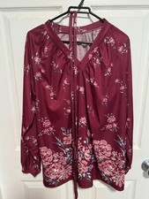 Vintage Women's Blouse Made in USA Burgundy with Flowers Size Medium w/ Tie