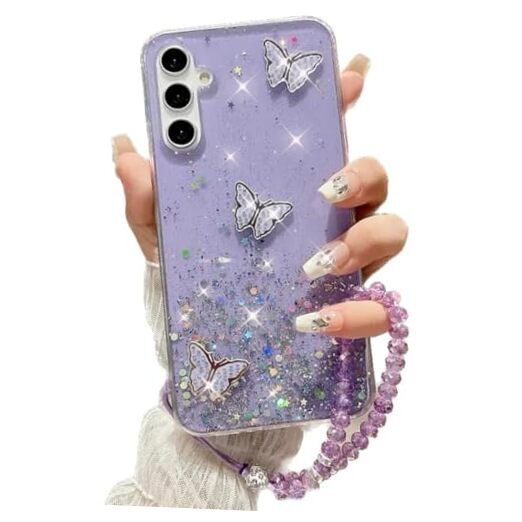 for Samsung Galaxy A15 Bling Case with Lanyard, Cute 3D Butterfly Purple