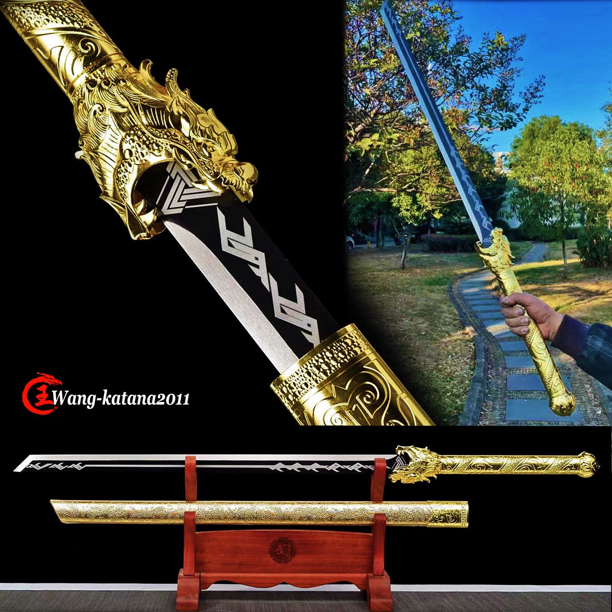 44''Gold Dragon Broadsword Black Chinese Sword New Tang Dao唐刀