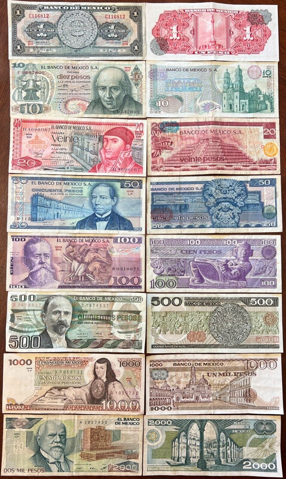 LOT of 8 MEXICO PESO BANKNOTES SERIES 1,10,20,50,100,500,1000,2000 MEXICO Bill 8