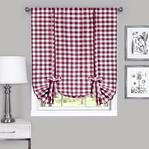 Burgundy Checkered Plaid Gingham Kitchen Window Curtain Drapes Panel Valance - Picture 3 of 26