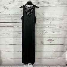 Natori Nightgown M Black Mesh Trim Sleeveless Maxi Sleep Dress Sheer Detail