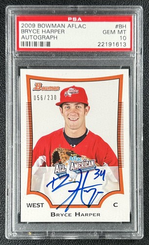 BRYCE HARPER PSA 10 2009 BOWMAN DRAFT AFLAC ALL AMERICAN RC AUTO GEM MINT 56/230