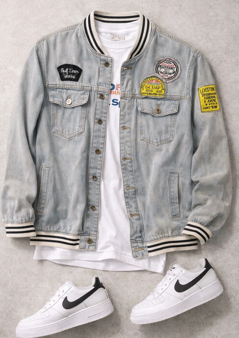 Vintage Style Patchwork Denim Varsity Jacket Bomb… - image 8