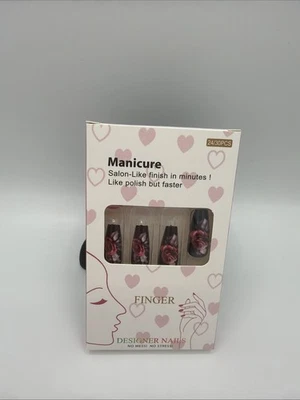 Faux Ongles 24 Capsules Noir Roses Rouges Motif Floral Press On - Photo 1/4