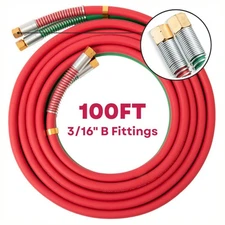 SPARC 100FT 3/16" Oxy Acetylene Grade T Hose Set + Strain Reliefs - B Fittings