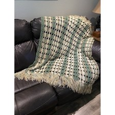 Vintage Handmade Green Tan White Crochet Afghan Blanket 50  X 42  X 5  Fringe