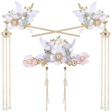 HINZIC 5pcs Blue Flower Tassels Hairpin for Women, Wedding Pearl Headpiece