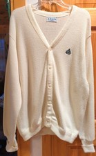 VTG 70s IZOD Ivory Grandpa Style Cardigan Sweater Adult XL USA Made Embroidered