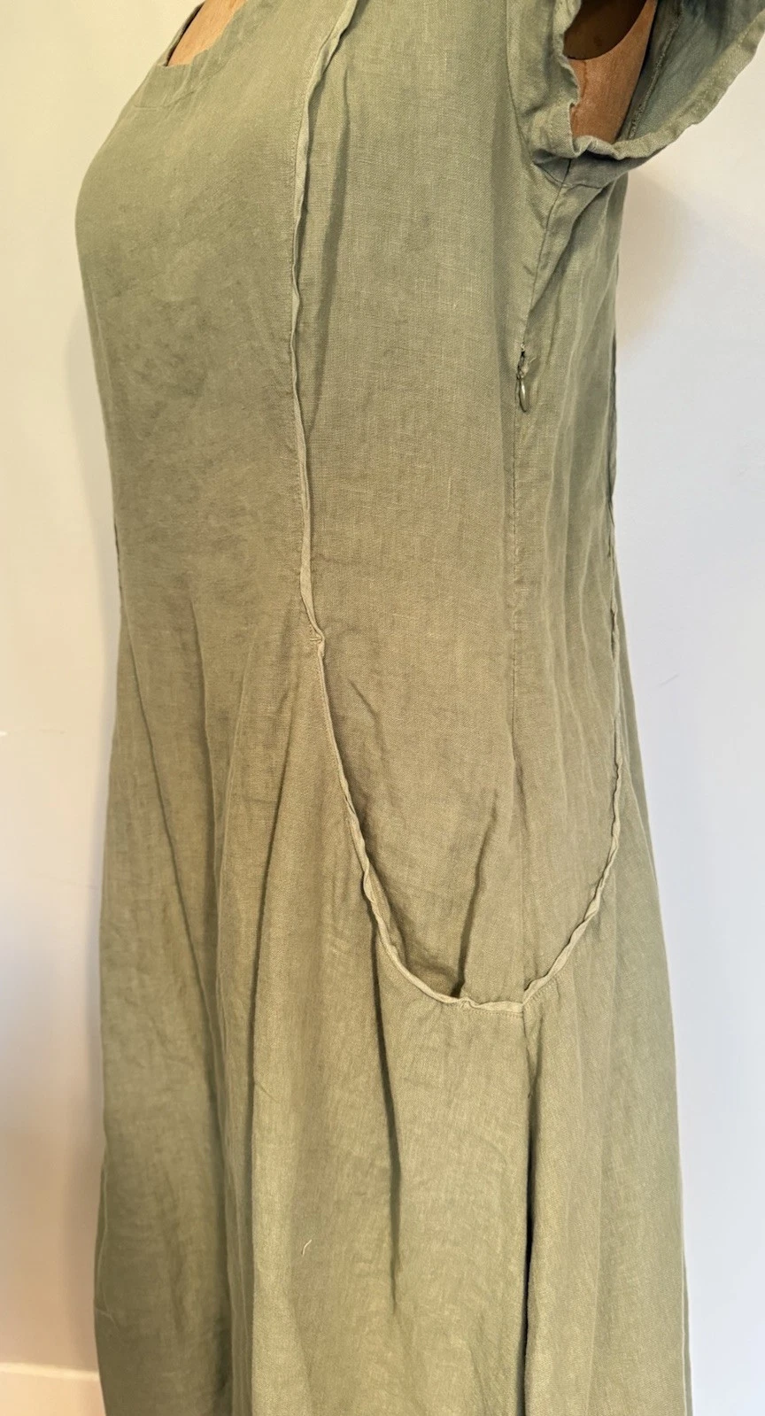 VETEMENTS Grizas verde salvia 100% lino lavato tasche Lagenlook taglia media