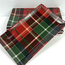 TOMMY BAHAMA Red Tartan Plaid Christmas Melamine Appetizer Snack Plate Set of 6 