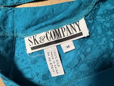 Vintage Teal Blue 100% Silk Blouse Short Sleeve Size M Classic Elevated Basics