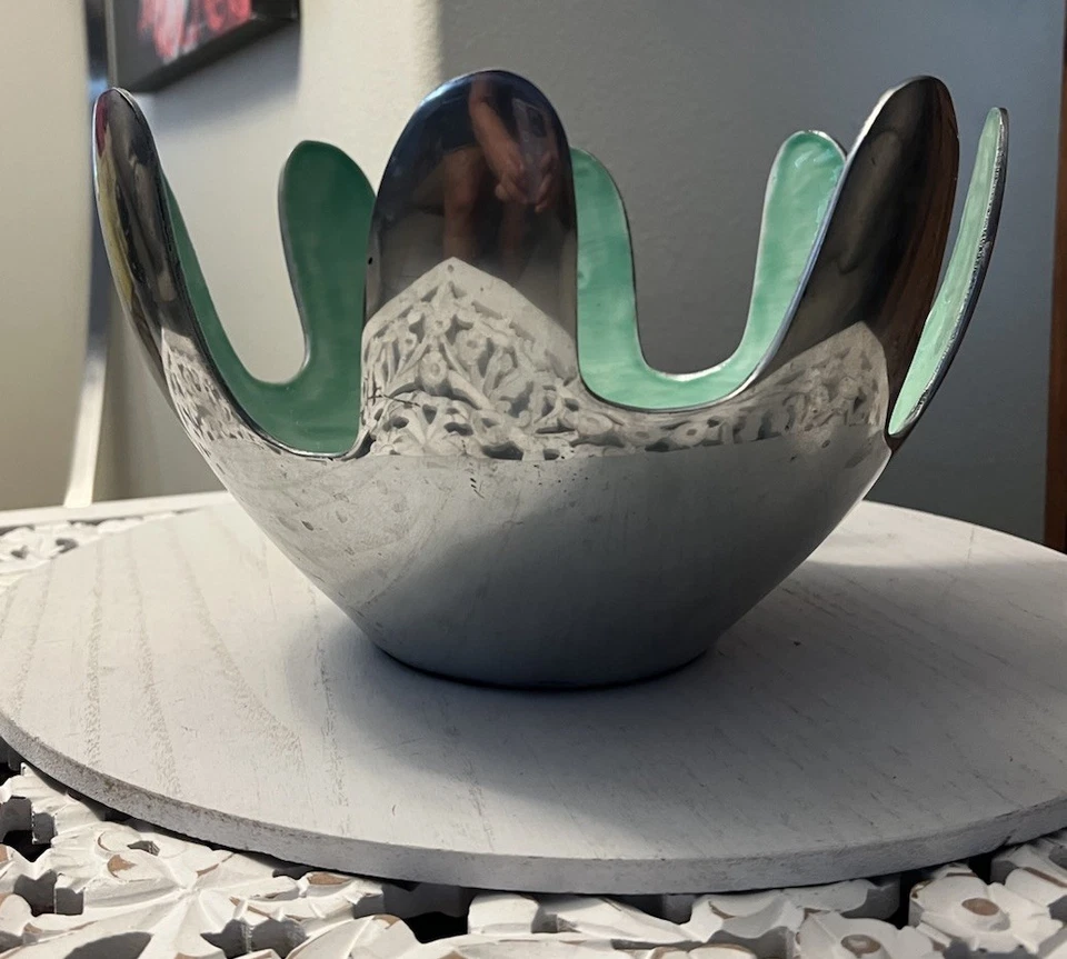 Sculpted Bowl 12 inch Diameter 8 inches high Silver Tone Exterior Aqua Interior - Image 3 of 4