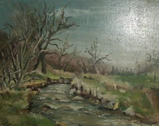 Vintage impressionist oil painting landscape river signed