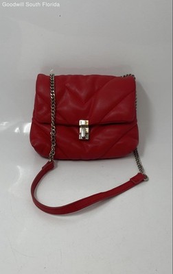 Zara Womens Red Faux Leather Quilted Chain Strap Turn Lock Crossbody Handbag