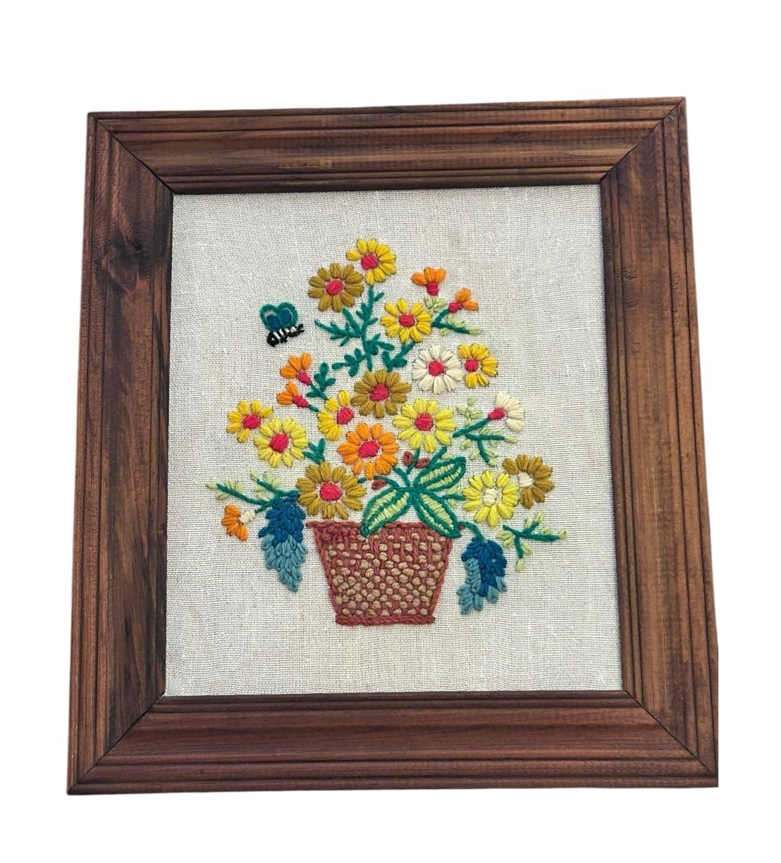 Vintage Framed Crewel Embroidery Floral Basket & Butterfly Wall Art