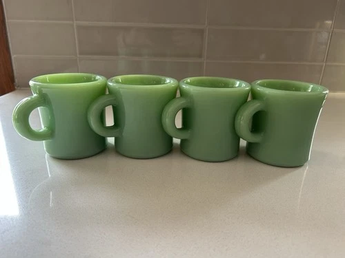 Set of 4 Vintage Fire King Jadeite C Handle Mugs Restaurant Ware