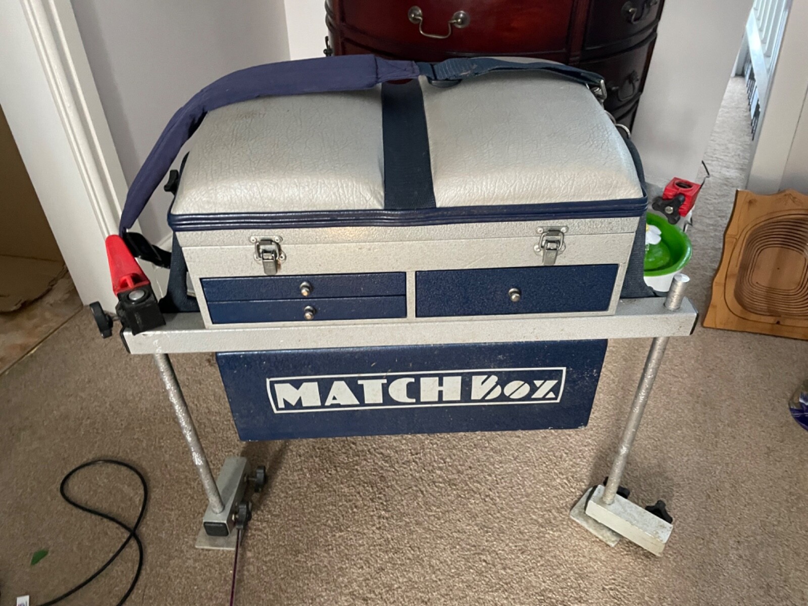 Large Matchbox Fishing Seat Box in Blue/Silver with adjustable standing