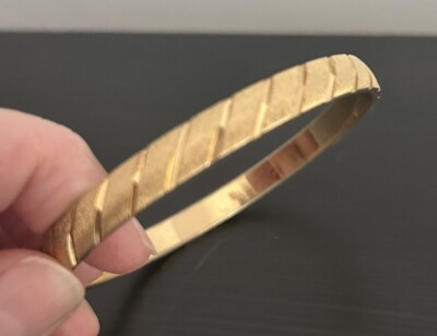 Vintage Monet Striped Brushed Texture Gold Tone Bangle Bracelet 8.5 inch etch