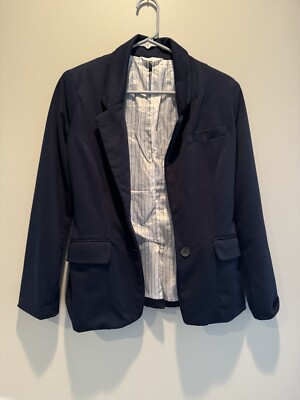 Check & Stripe Navy Blazer With Leather Elbow Padding Size Small