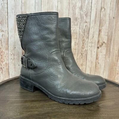 Gianni Bini Silver Studded Womens Moto Biker Boots Gray Leather