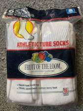 Vintage 1993 Fruit Of The Loom Tube Socks White 6 Pack COTTON MADE IN THE USA