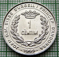 ANDORRA 1999 1 CENTIM, FAO - ANGEL WITH WHEATSHEAF, ALUMINIUM UNC