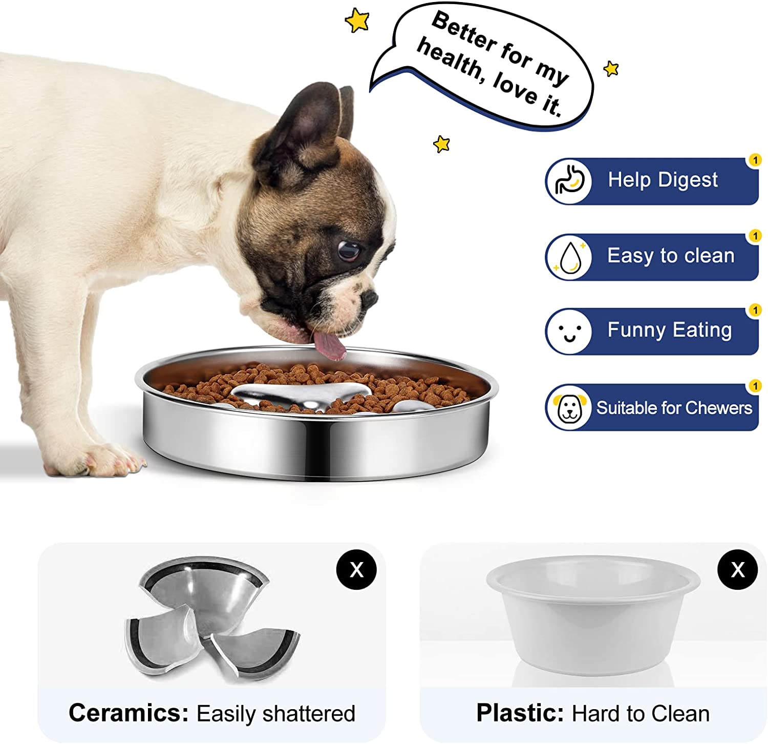 Slow Feeder Dog Bowls 304 Stainless Steel, 2 Cups Metal Food Bowls
