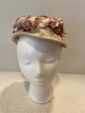 Tan Vintage Pillbox Ladies Hat W/pink flowers, Beautiful