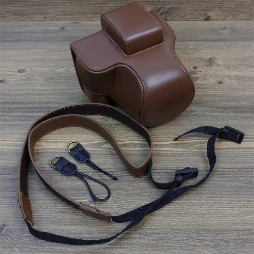 (Lens 18-45mm)Camera PU Leather Protective Case with Bottom Cover Shoulder Strap