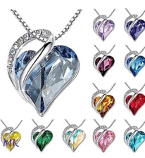 Women Birthstone Heart Silver Necklace Love Crystal Pendant Lady Fashion Gift