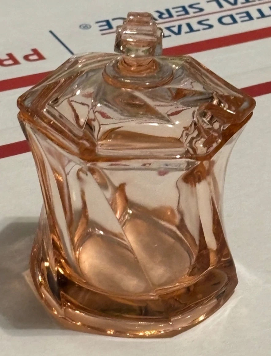 Heisey Glass Co Flamingo Pink Uranium "Twist" Mustard Jar Art Deco 1920s / 1930s