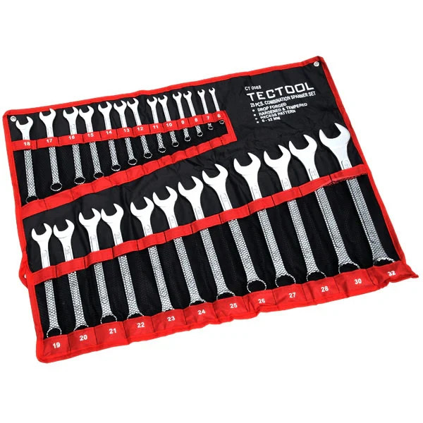 25pc Metric Drop Forged Combination Spanner Wrench Set Open & Ring + Roll 6-32mm