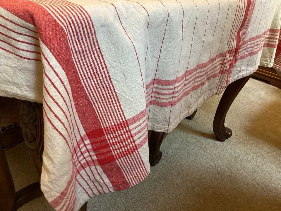 White Pine 55% Cotton 45% Linen Tablecloth Red/Ivory Stripe Rectangle  94” X 54” - Image 2 of 4