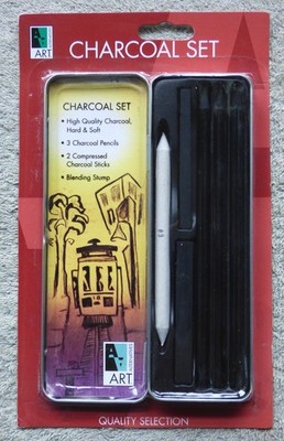 NIP Art Alternatives Charcoal Set AA16002: 3 Pencils, 2 Sticks, Metal Tin