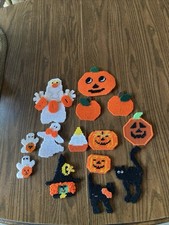 14 Vtg Handmade Plastic Canvas Halloween Pumpkins Ghost Witch Black Cat Magnets