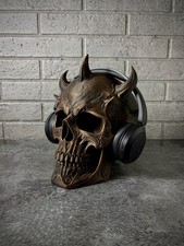 Horned Skull Headphone Stand Hand-Finished Metallic Bronze Gothic Decor