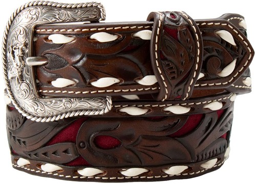 3D Western Boys Belt Youth Leather Tapered Burgundy Underlay Brown D120004509 - Picture 1 of 1