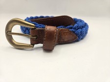 Vintage Boho Chic Blue Macrame Braided Woven Cotton Belt Brown Leather Trim L